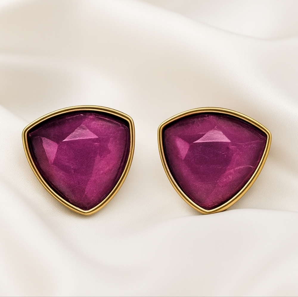 Purple Faceted Triangle Stud Earrings – Gold Triangle Trim – Geometric Jewelry